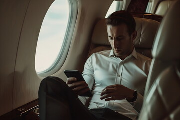 man traveling on a plane using his mobile phone