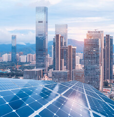 solar panels with cityscape of modern city