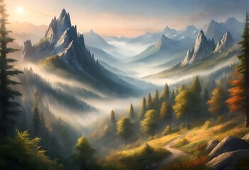  showcasing the enchanting allure of misty mountains and forest in the mystical light of dawn. - obrazy, fototapety, plakaty