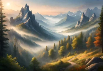 Keuken spatwand met foto  showcasing the enchanting allure of misty mountains and forest in the mystical light of dawn. © Zainab