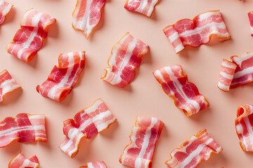 Flat lay pattern of bacon on beige background. 