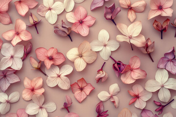 Flat lay of pink frangipani flowers on a pastel pink background.