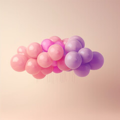 Beige minimal background with pastel pink and purple balloons forming a cloud.