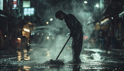 Janitor Wiping Surfaces and Maintaining Cleanliness in the Town - obrazy, fototapety, plakaty