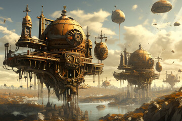 Steampunk Airships and Gears Illustration