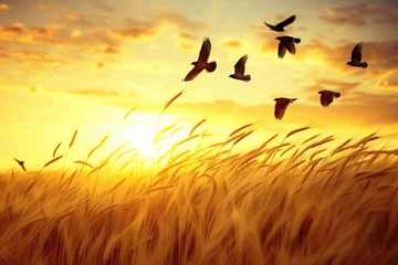  Scene of a wheat field at sunset with birds flying in the warm golden light, suitable for themes of agriculture, nature, freedom, and tranquility. High quality illustration © Infusorian