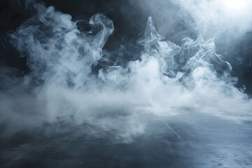 background dramatic scene. Thick clouds or smoke hover above a smooth, reflective surface, possibly water or a polished floor - obrazy, fototapety, plakaty