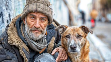 Fototapeta premium Close-up of a homeless man and his dog sitting on the street