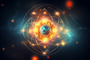 atomic nucleus, electrons, neutrons, protons, neon, irradiation science, dark background - obrazy, fototapety, plakaty