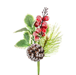 Christmas decoration of red berry and pine cone isolated on white background