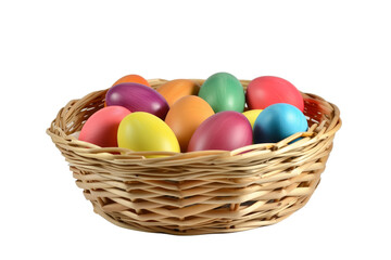 Fototapeta na wymiar Colorful egg decor in wicker basket, isolated on transparent background- spring tradition