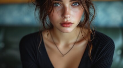 A Beautiful Woman with Blue Eyes., The Face of a Young Lady., Portrait of a Pretty Girl with Brown Hair., Close-up of a Female Model..