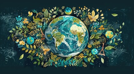 Earth Day poster, inspired by vintage travel ads, digital art, globe surrounded by leaves and eco-friendly symbols.