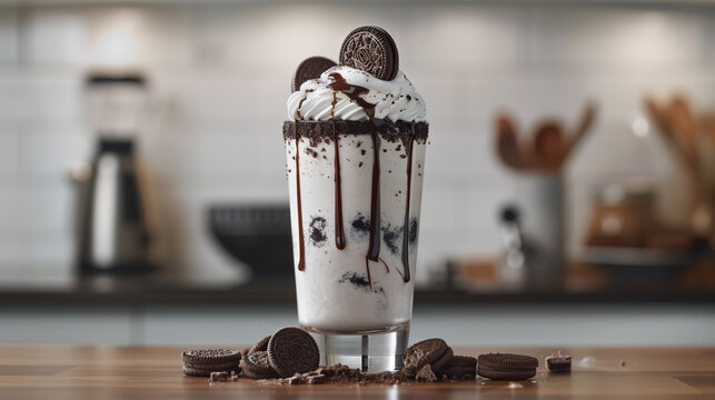Decadent Chocolate Buscuit Milkshake in Glass with Whipped Cream