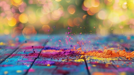 Obraz premium Holi festival background with empty colourful holi paint wooden deck table above colorful holi and blurred light bokeh. 