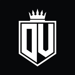 DV Logo monogram bold shield geometric shape with crown outline black and white style design