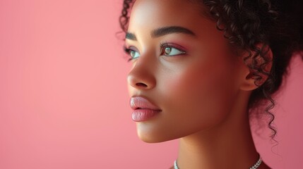 Pink Background with a Woman's Face, A Young Lady Looking at the Camera, Close-Up of a Woman with Pink Makeup on Her Lips, The Beauty of a Woman in a Pink Setting.