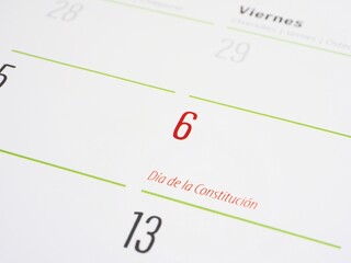 Calendar focused on December 6th six with the text Día de la Consitución. Day of the Spanish Constitution