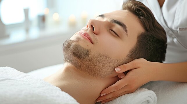 Imagine a male client in his 20s receiving a facial massage from a female esthetician, also in her 20s.