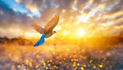 Fantasy colorful bird flying in amazing sunshine fairyland at sunset