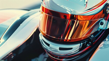 Close-up of a focused racing driver in a helmet with a reflective visor, capturing the intensity of...