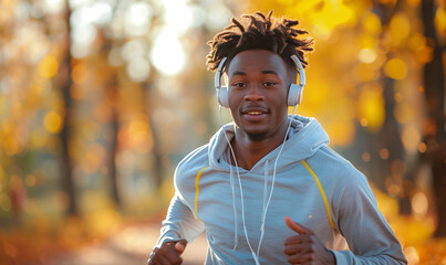 Happy black man jogging in the park while listening to music through his headphones. Candid male running for improved mental health and fitness. Autumn colours. AI generated