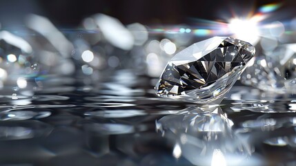 Brilliant cut diamonds sparkle intensely, scattered on a reflective surface with a soft focus on the background, highlighting the gems exquisite facets and clarity - obrazy, fototapety, plakaty
