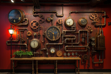 Steampunk Wall with Industrial Pipes and Gauges - obrazy, fototapety, plakaty