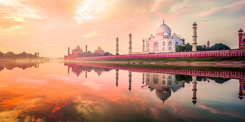 Beautiful Taj Mahal by the river - obrazy, fototapety, plakaty