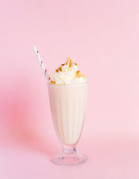 Delicious pink milkshake. pink background