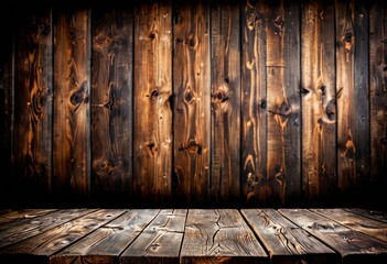 A backdrop of aged wooden planks with a rustic charm. The darkened edges highlight the texture, creating a focused and moody setting. AI generation