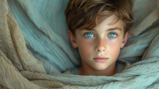 A Boy with Blue Eyes, The Young Boy's Gaze, Peeking from the Blankets, Little Boy Looking at the Camera.