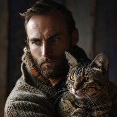Schöner Mann mit Katze - Vintage Kleidung - obrazy, fototapety, plakaty