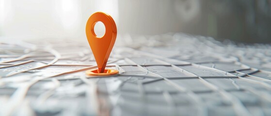 An orange map marker stands prominently on a physical map, highlighting a specific travel route or destination - obrazy, fototapety, plakaty