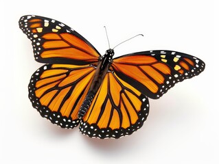 A vibrant Monarch butterfly gracefully isolated against a pristine white background, showcasing its intricate patterns and delicate wings
