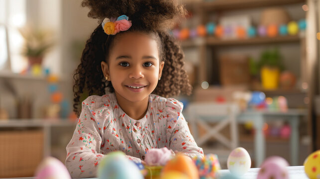 cute African American painting Easter eggs at home or kindergarten. children prepare for Easter