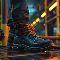 Craft a 3D scene showcasing safety shoes designed for global industrial workers focusing on ergonomic features illuminated by balanced ambient lighting