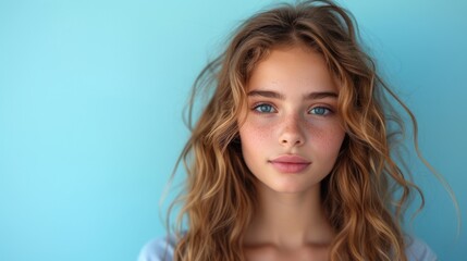 Naklejka premium A Young Woman with Blue Eyes and Freckles., The Face of a Beautiful Teenage Girl., A Close-Up of a Smiling Woman with Long Hair., A Portrait of a Young Lady with Brown Hair and Blue Eyes..