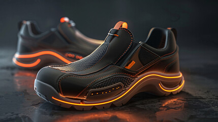 Create a 3D rendering of safety shoe design for industrial use featuring sleek ergonomic structure with reflective safety markings in a well lit studio setting - obrazy, fototapety, plakaty