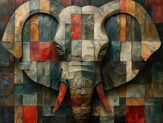 An abstract painting of an elephant head with tusks, creatively rendered on a grid of textured, multicolored squares