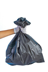 The male hand holding a garbage bag on white back