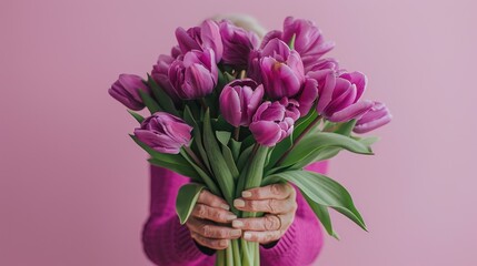 Professional studio photo, hands of fashionable grandma holding wrapped purple tulips bouquet,