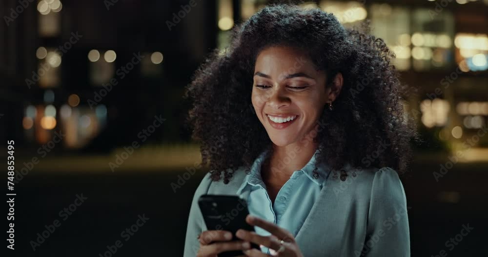 Poster Thinking, phone and happy business woman in a city street at night with social media, chat or web communication. Idea, smile and female worker outdoor with client feedback, review or travel planning