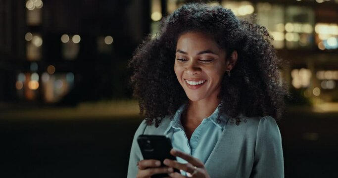 Thinking, phone and happy business woman in a city street at night with social media, chat or web communication. Idea, smile and female worker outdoor with client feedback, review or travel planning