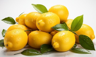 Fresh Lemons With Leaves and Water Droplets - obrazy, fototapety, plakaty