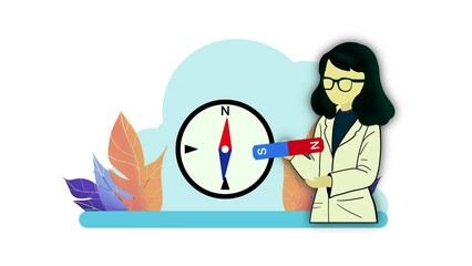 Female scientist doing scientific experiment, magnetic force experiment, Physics science about the movement of magnetic fields Positive and negative, science class in school, Scientific Magnetic Field