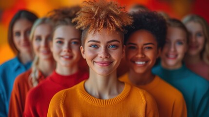 Fototapeta premium Smiling Faces in a Crowd, A Group of Young Women with Blue Eyes, The Many Colors of Youth, Unity and Diversity Among Friends.
