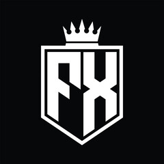 FX Logo monogram bold shield geometric shape with crown outline black and white style design