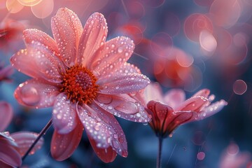 A close-up of a radiant pink flower with sparkling water droplets on petals against a blurred background