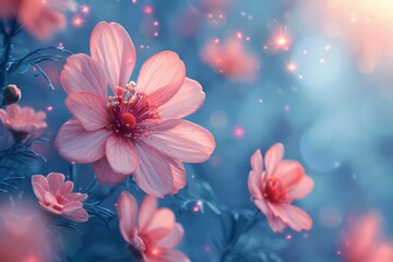 Gentle hues of pink on flowers infused with a mystical light  against a soft, glowing backdrop of blue
